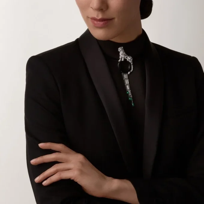 Broszka Panthere De Cartier – białe złoto, szmaragdy, onyks, diamenty – Cartier
