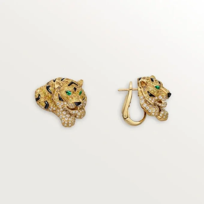 Kolczyki Faune Et Flore De Cartier, żółte, pomarańczowe i brązowe diamenty, pavé