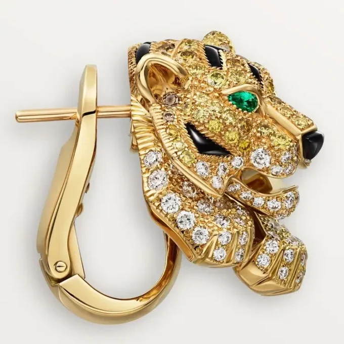 Kolczyki Faune Et Flore De Cartier, żółte, pomarańczowe i brązowe diamenty, pavé