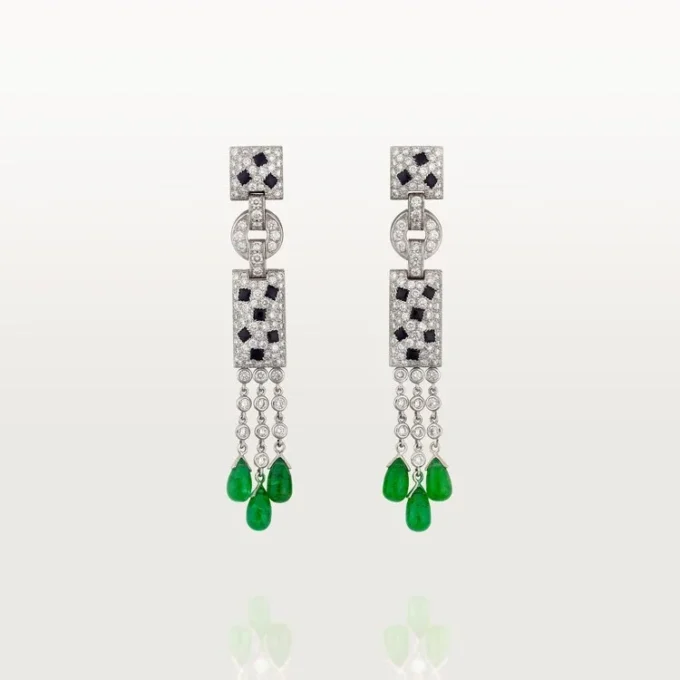 Kolczyki Panthere De Cartier – białe złoto, szmaragdy, onyks, diamenty – Cartier