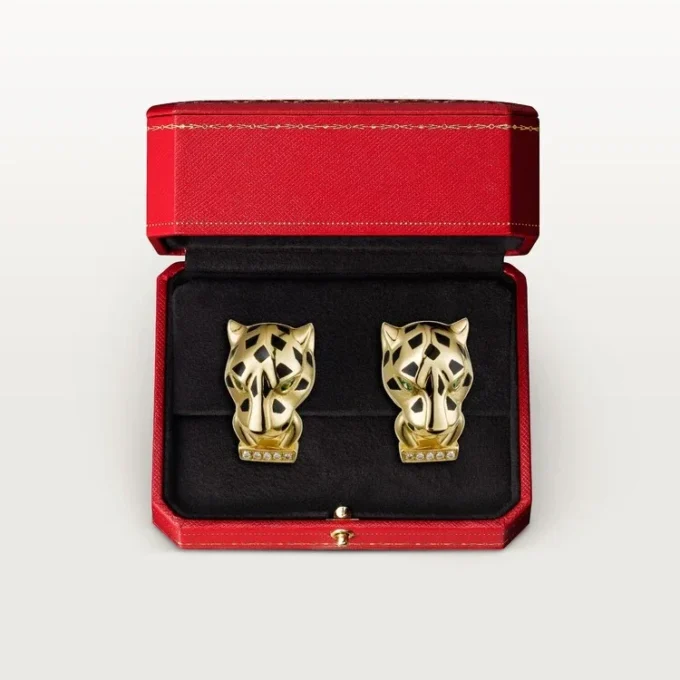 Kolczyki Panthere De Cartier – żółte złoto, lakier, diamenty, granaty tsaworytowe, onyks – Cartier