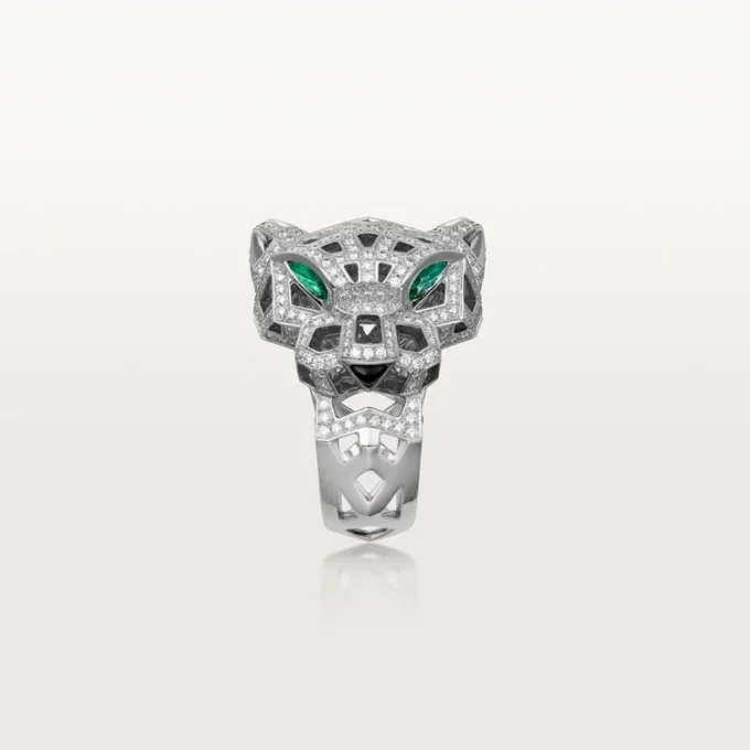 Pierścionek Panthere De Cartier – białe złoto, onyks, szmaragdy, diamenty – Cartier