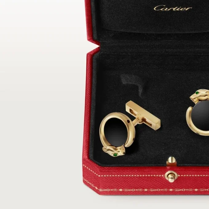 Spinki do mankietów Panthere De Cartier – żółte złoto, onyks, tsaworyty i czarny lakier – Cartier Spinki do mankietów Panthere De Cartier – żółte złoto, onyks, tsaworyty i czarny lakier – Cartier
