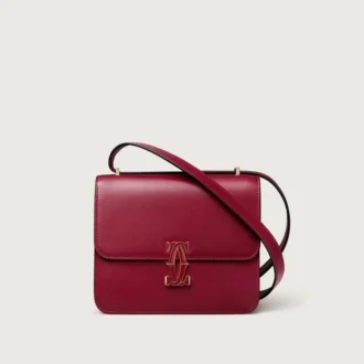 Torba na ramię, mini, Double C De Cartier – cielęca skóra w kolorze wiśniowym, wykończenie w kolorze złotym i wiśniowym emalią – Cartier