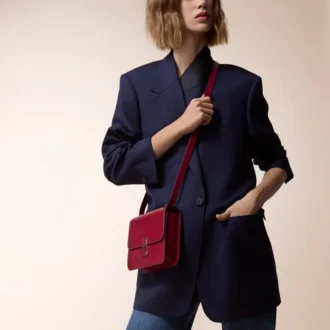 Torba na ramię, mini, Double C De Cartier – cielęca skóra w kolorze wiśniowym, wykończenie w kolorze złotym i wiśniowym emalią – Cartier