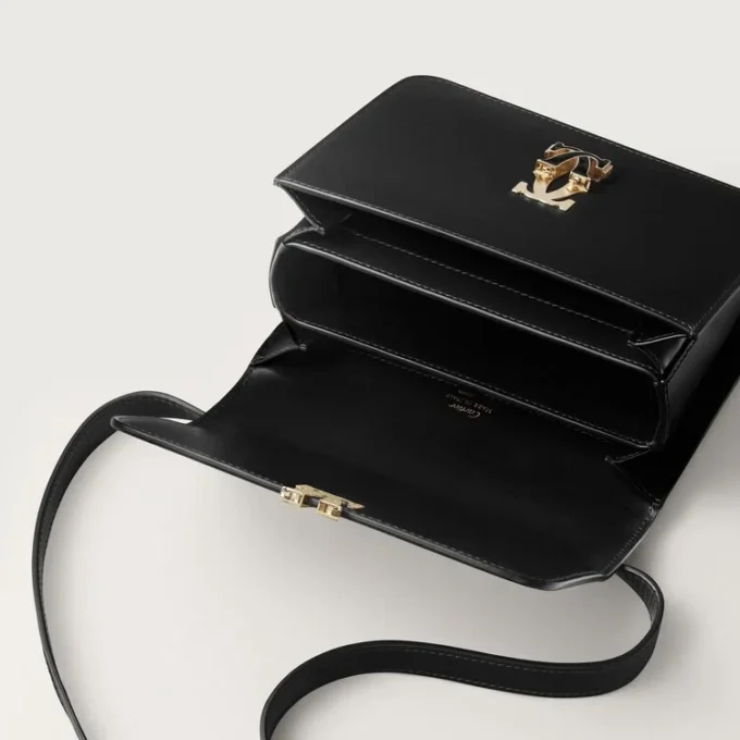 Torebka na ramię, mini, Double C De Cartier – czarna skóra cielęca, wykończenie w kolorze złotym i czarnej emalii – Cartier