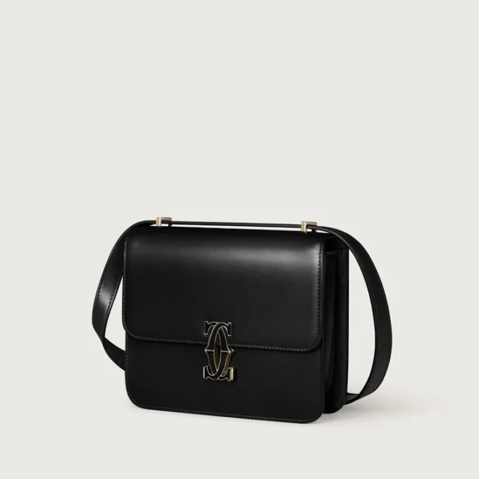 Torebka na ramię, mini, Double C De Cartier – czarna skóra cielęca, wykończenie w kolorze złotym i czarnej emalii – Cartier